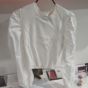 White Long Sleeve Ribbed Puff Sleeve Top